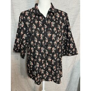 American Sweetheart Y2K Black Rose Floral Print 3/4 sleeve Button-Up Medium
